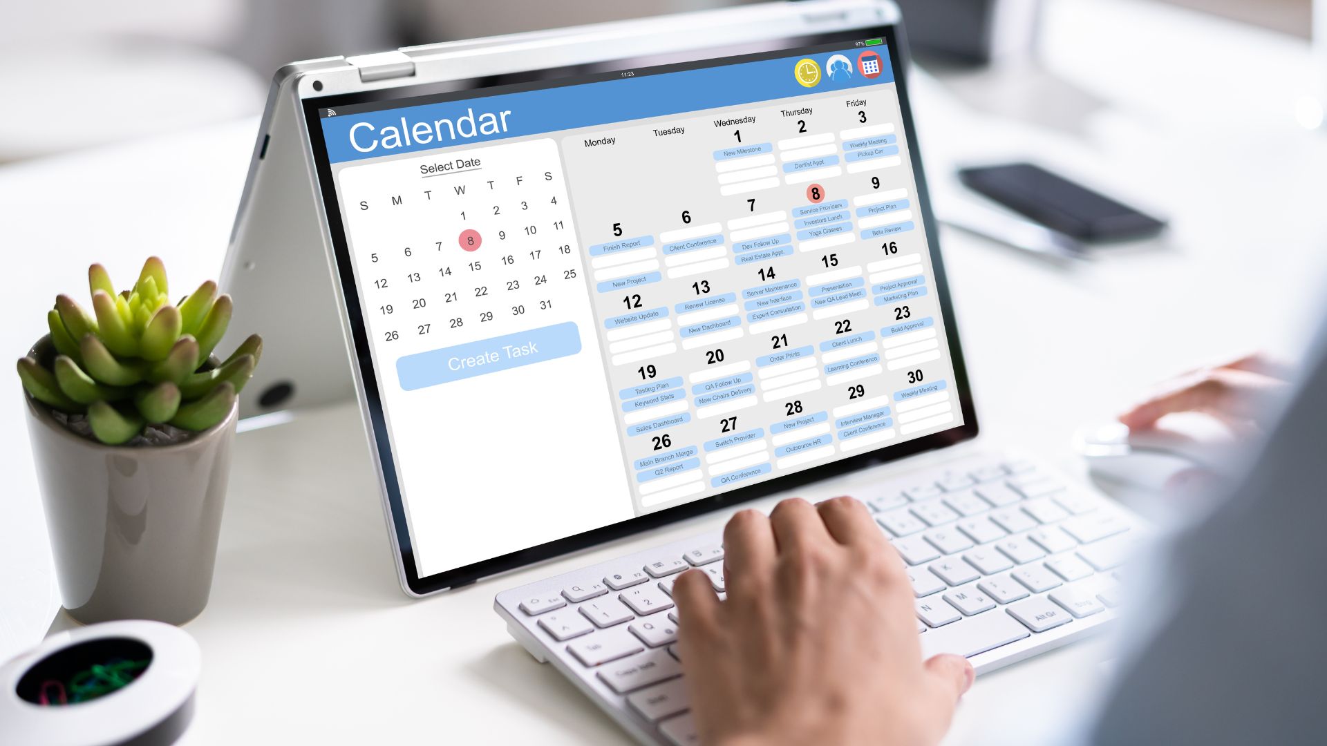 imagem de um calendário no computador, sinalizando os eventos e comentários